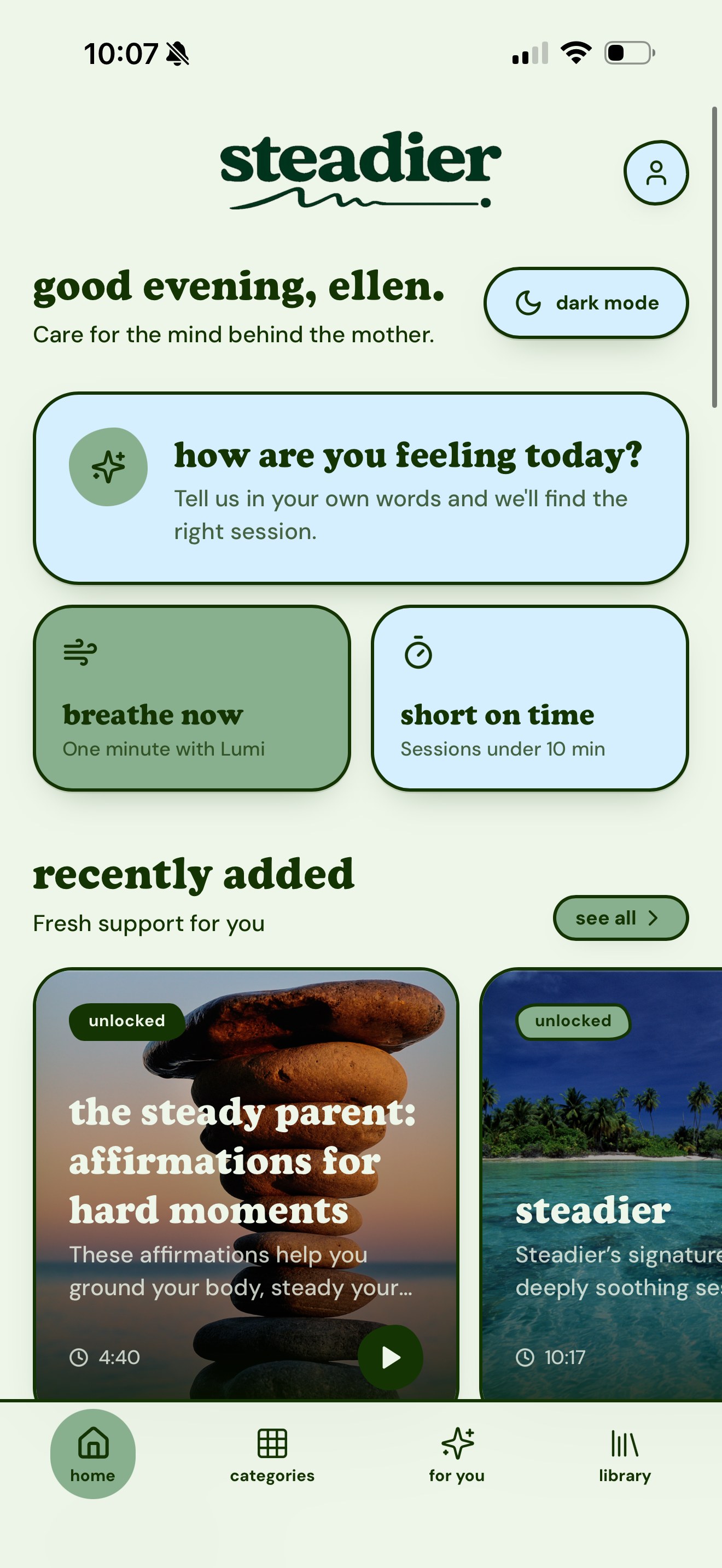 Steadier app home screen